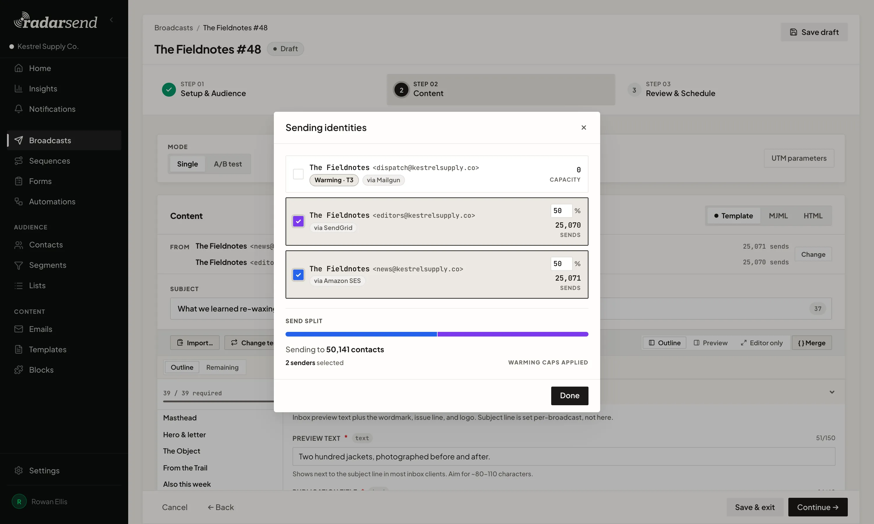 Sender addresses for a broadcast: one goes out through Amazon SES and another through SendGrid, with the send split evenly between them, while an address on a warming domain waits its turn.