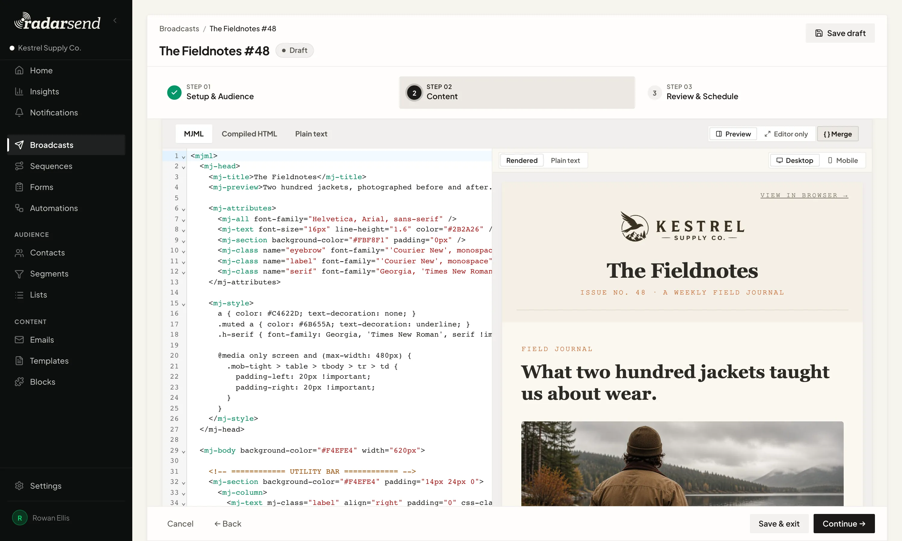 The MJML workspace: MJML source with line numbers and syntax highlighting on the left, the rendered email on the right.