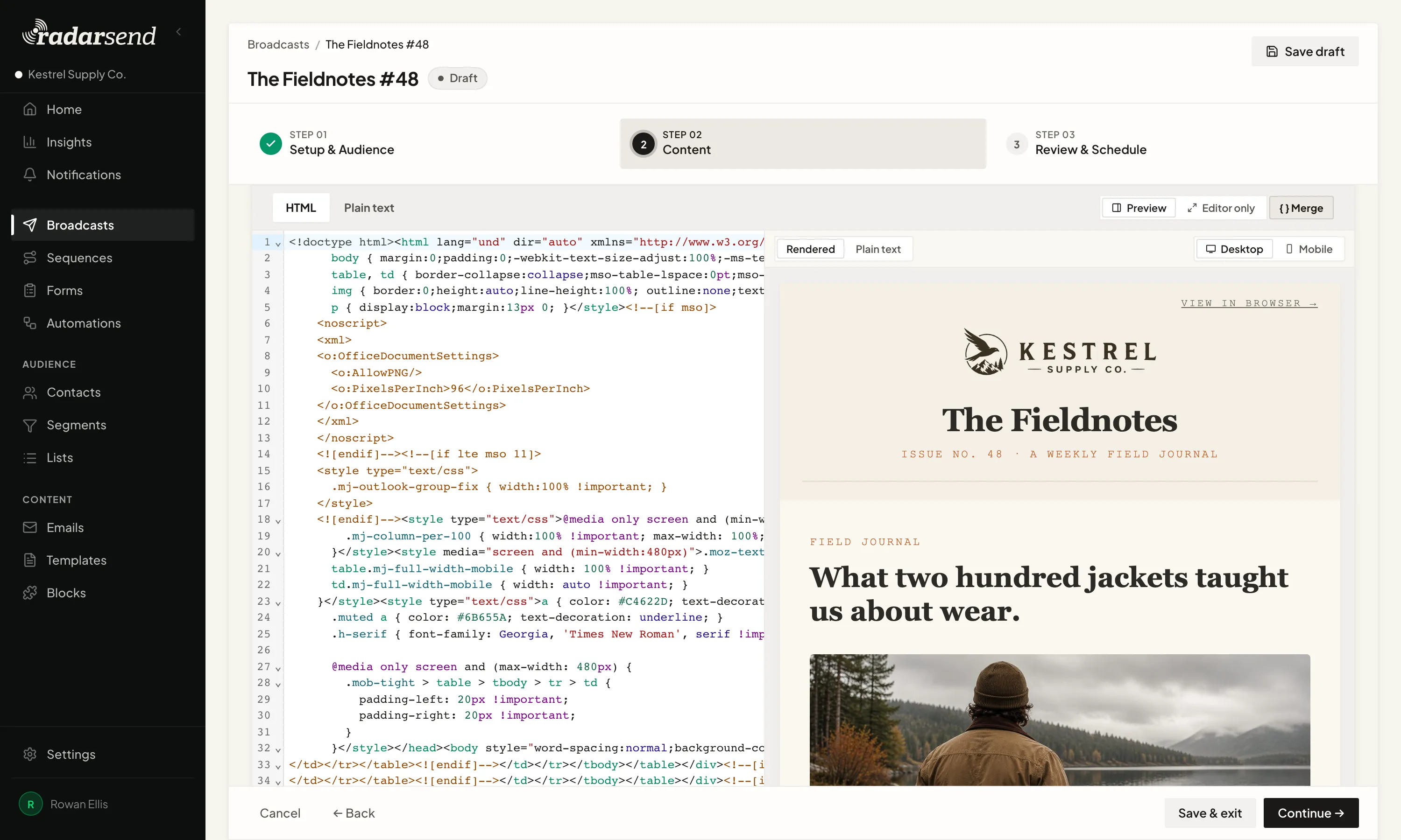 The HTML workspace: the compiled HTML source on the left, the same rendered email on the right.