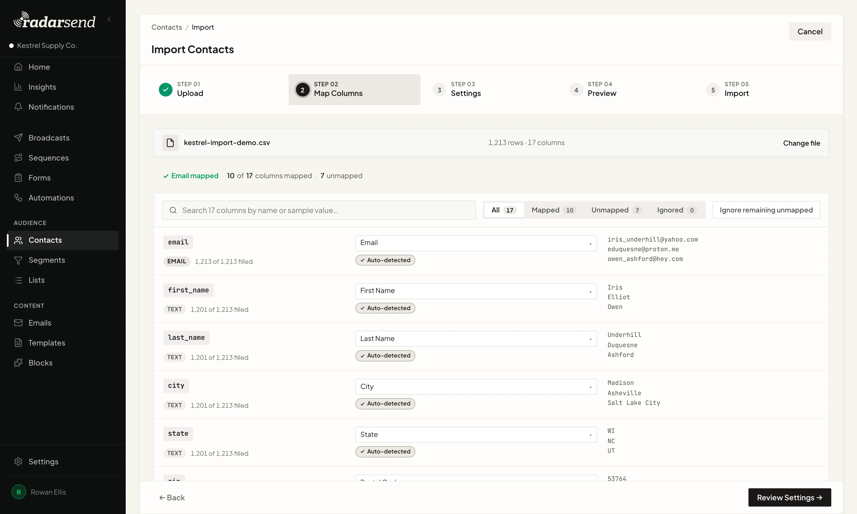 Step 2 of a contact import, Map Columns: each CSV column with its suggested field, how many rows are filled, and sample values, above counts of mapped and unmapped columns.