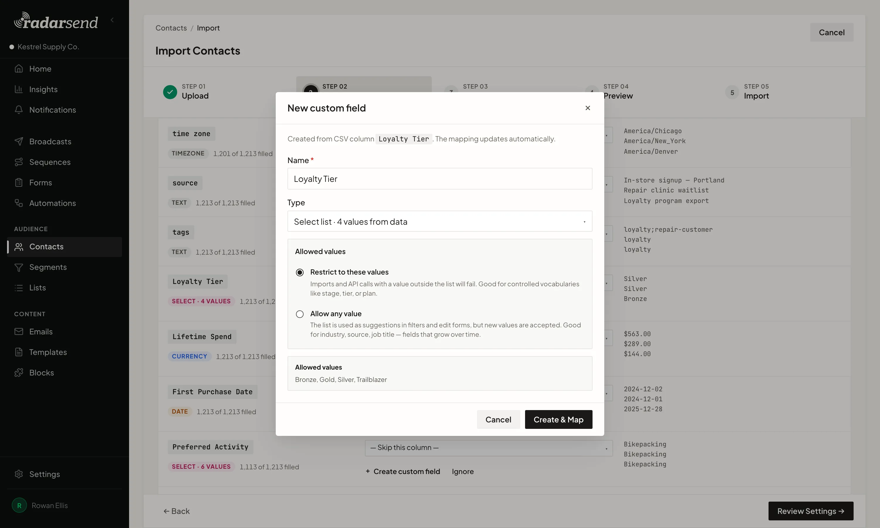 Step 2 of a contact import, matching CSV columns to fields, with a New custom field dialog creating Loyalty Tier as a list of four allowed values taken from the data.