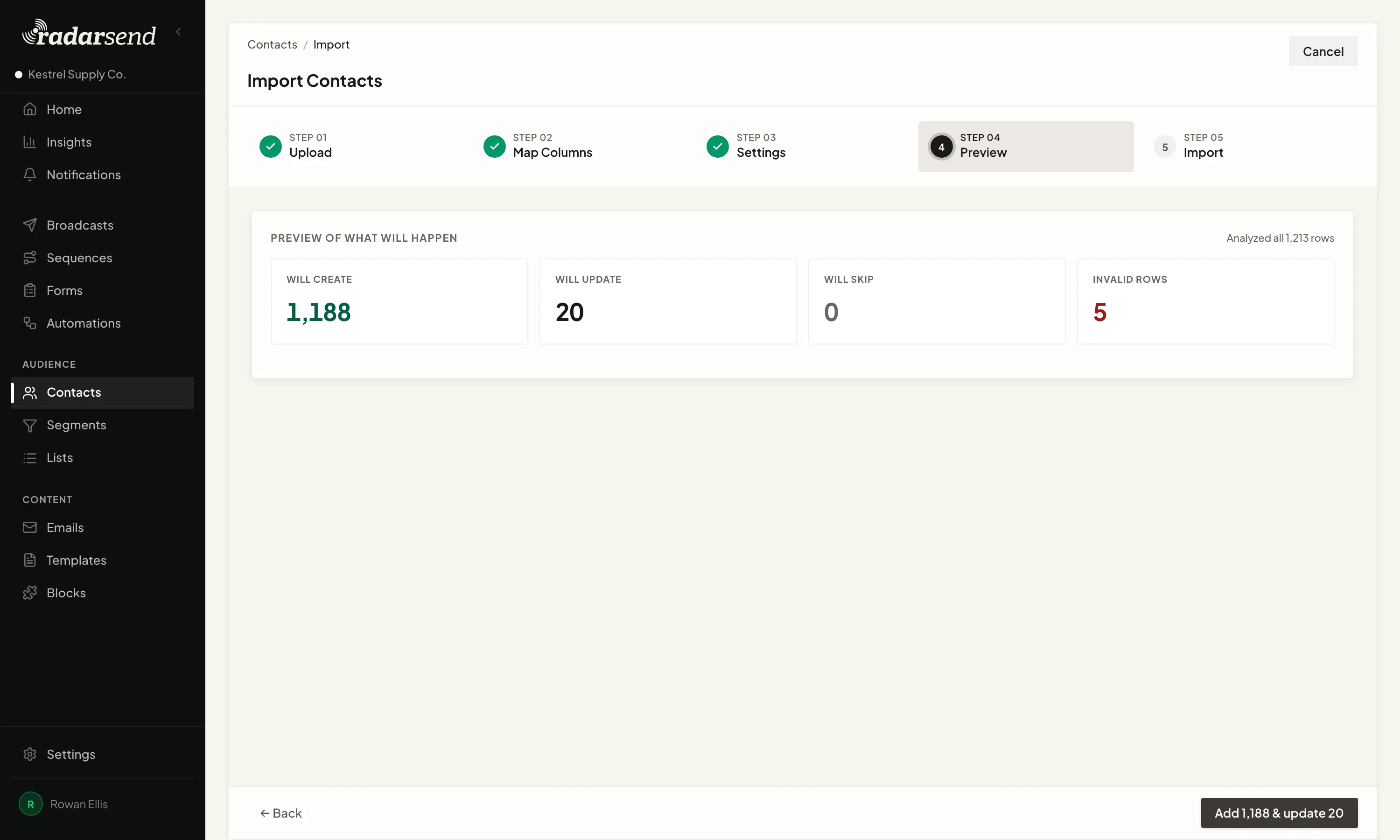 Step 4 of a contact import, Preview: how many contacts the import will create, update, and skip, and how many rows are invalid, before anything is imported.