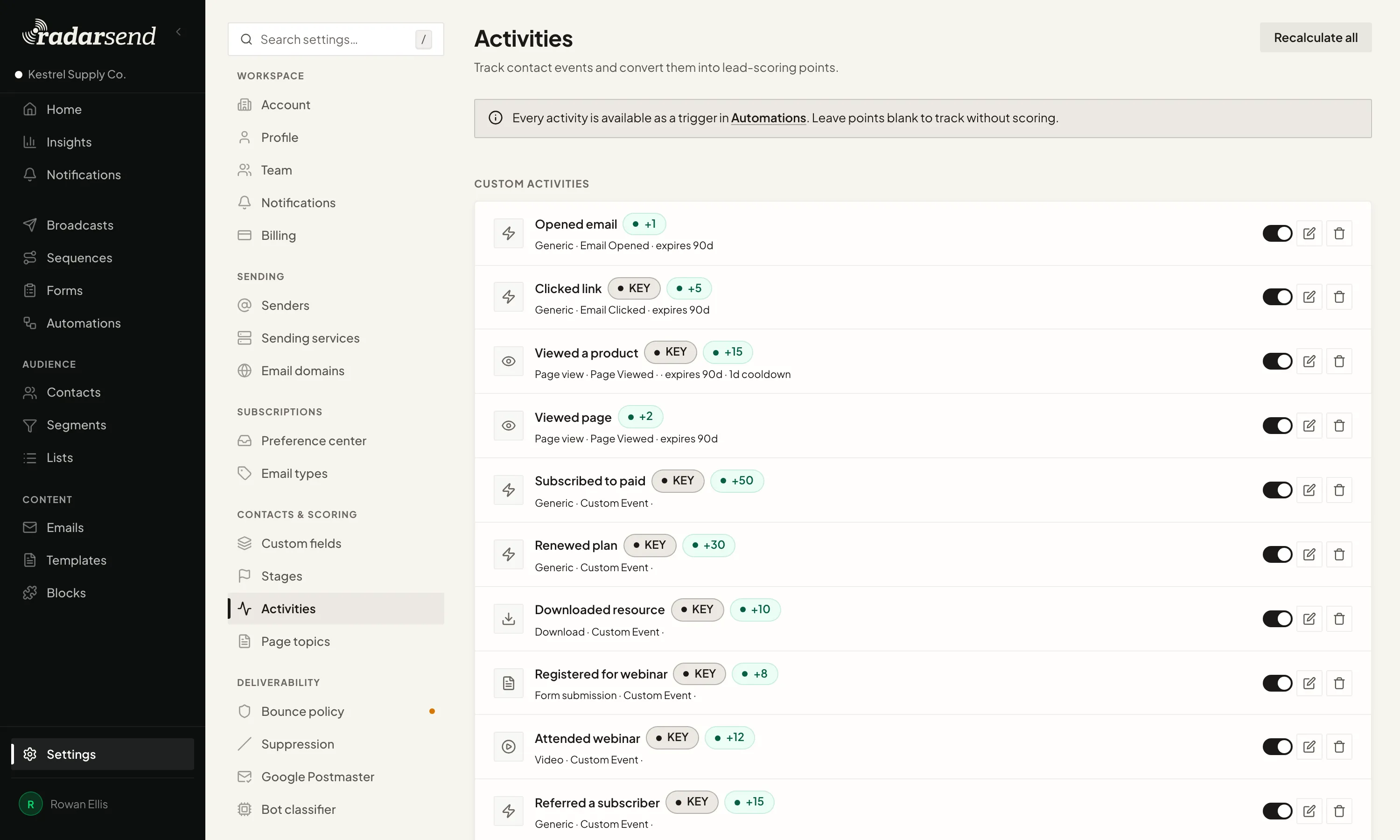 The Activities settings: each tracked activity, such as opening an email, clicking a link, viewing a product, renewing a plan or registering for a webinar, with the points it adds, whether it's a key activity, and when its points expire. A note says every activity is available as a trigger in Automations.
