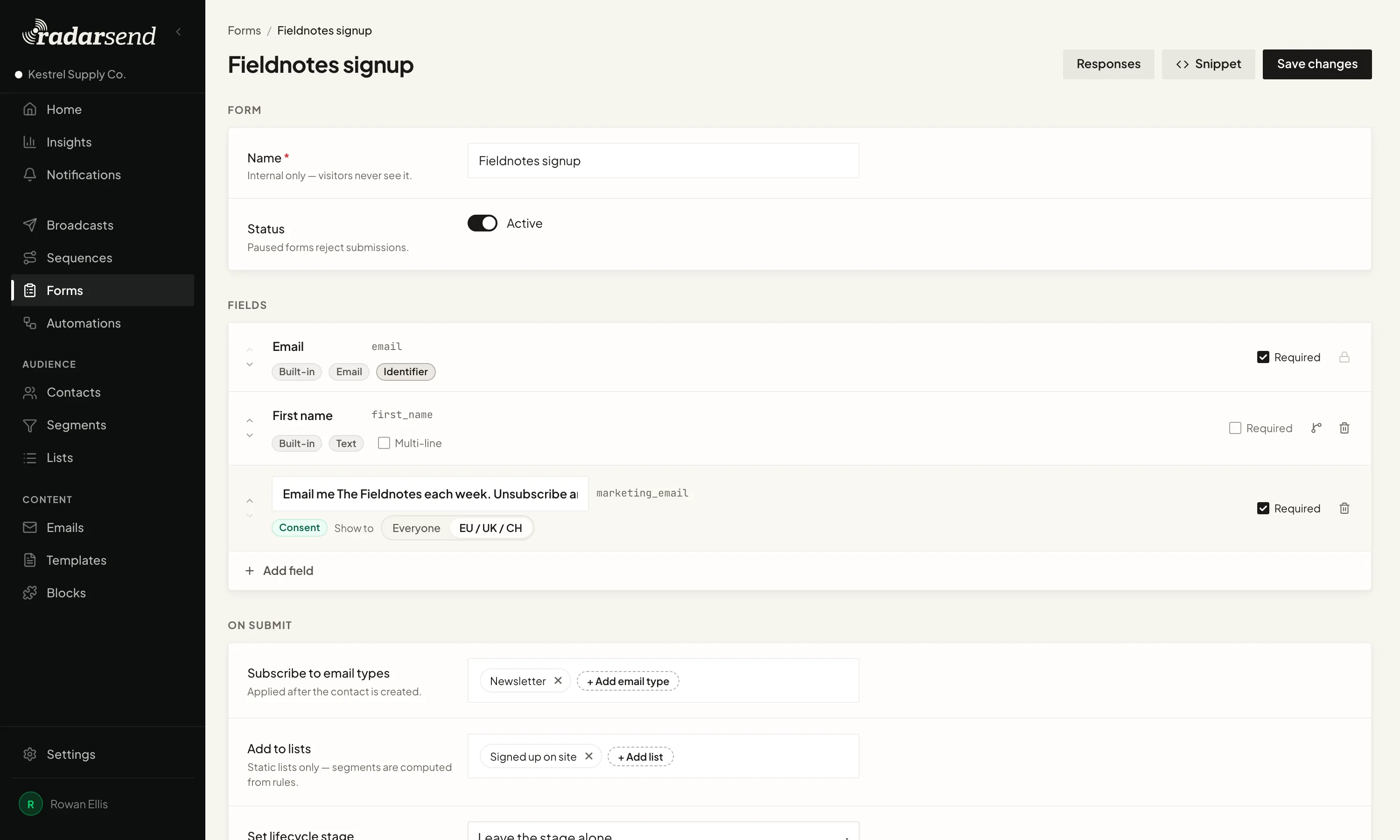 A signup form being set up on one page: its fields, a consent checkbox, and what happens when someone submits it, including the emails they're subscribed to and the list they join.