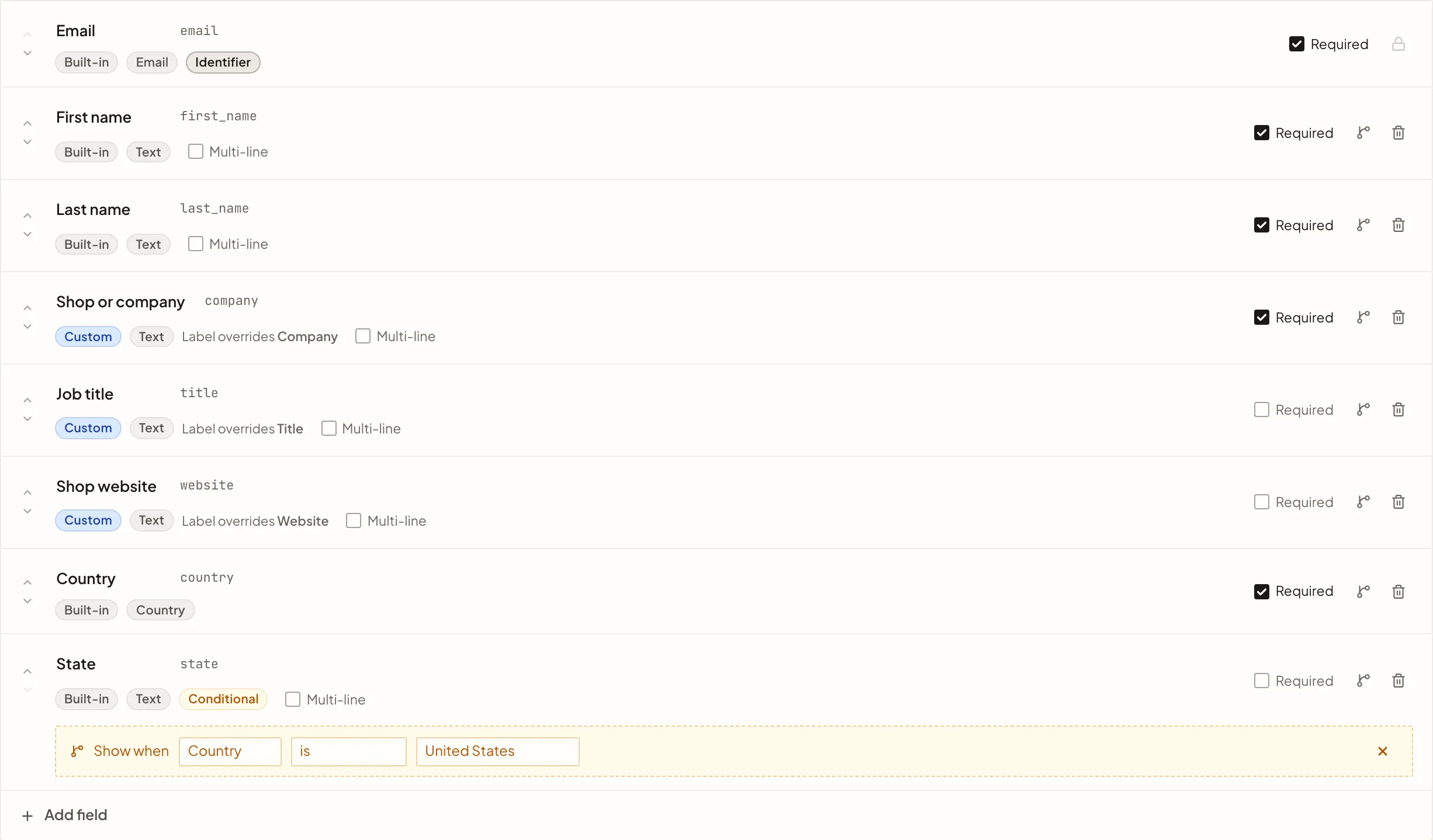A form's fields, from email and name to company, job title, website, and country, with a State field set to show only when Country is United States.