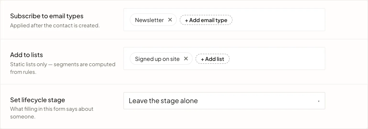 A form's On submit settings: subscribe the contact to the Newsletter email type and add them to the Signed up on site list.