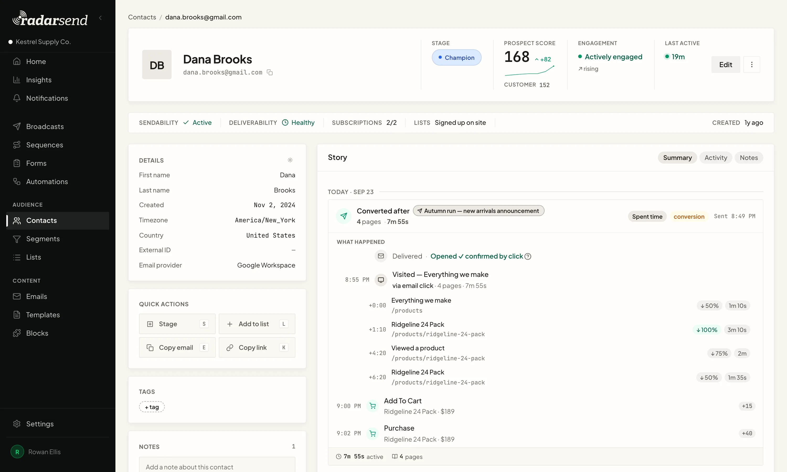 Dana Brooks's contact record: a timeline showing email sends, clicks, site visits with page names and dwell times, and a purchase event — the full story for one person.