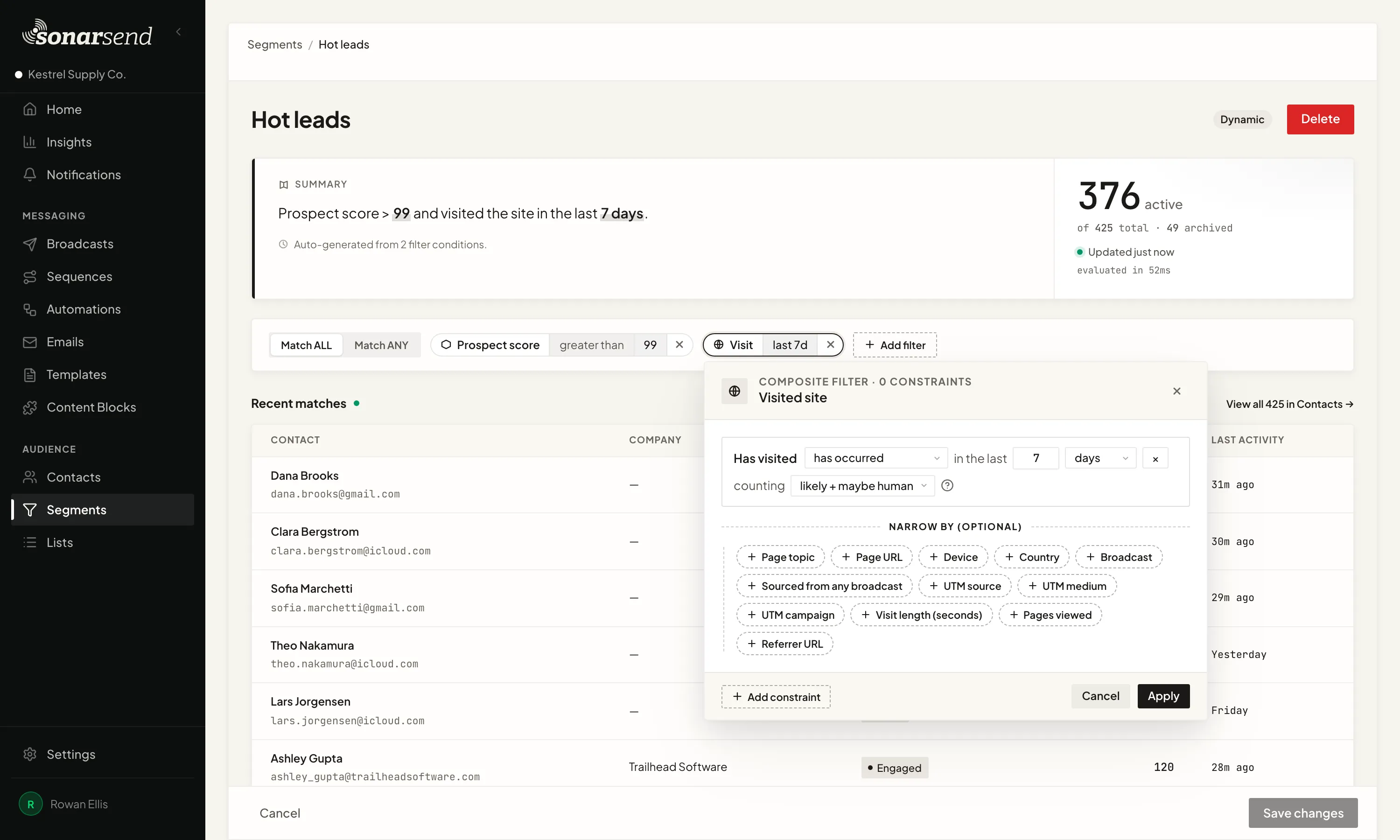 The Hot leads segment: a prospect score over 99 and a site visit in the last 7 days, with the live count beside the rules and the visit filter open to narrow it by page topic, page URL, device, country, broadcast, UTM values, visit length, pages viewed, and referrer.