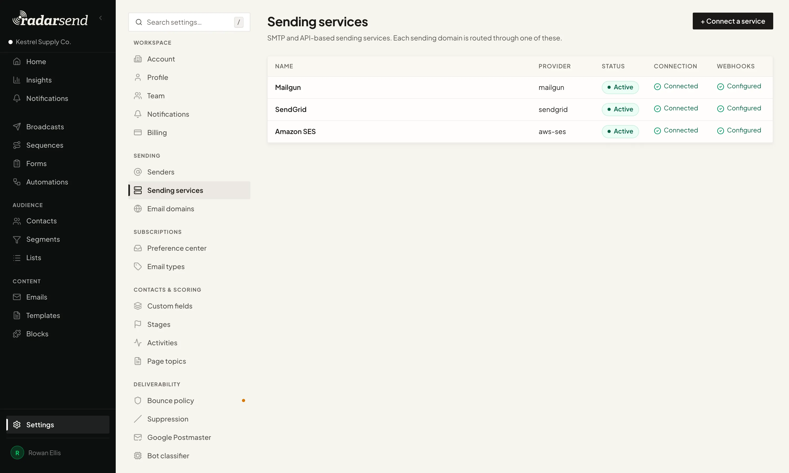 The sending services settings page with Mailgun, SendGrid and Amazon SES connected, each active with its webhooks configured.