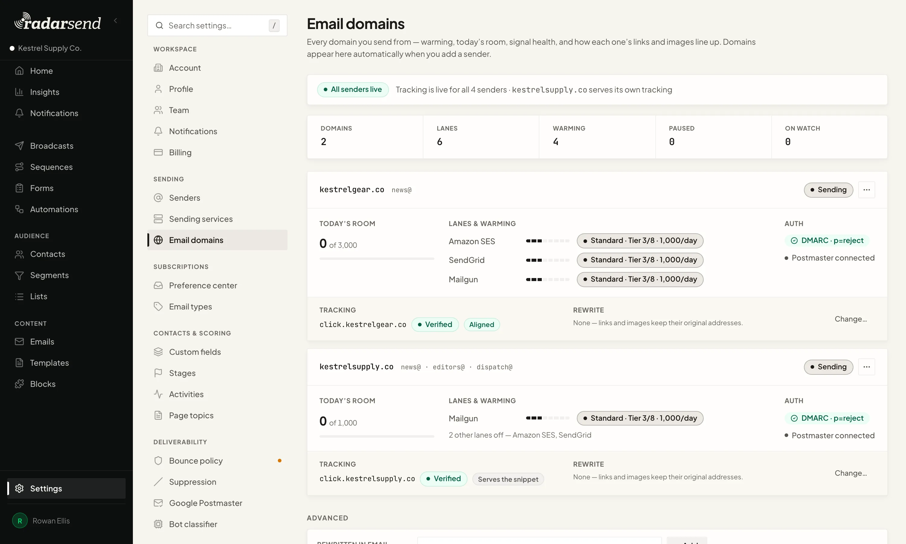 Email domains: two domains, each showing the providers that send for it and their warming progress, DMARC passing, Google Postmaster connected, and a tracking subdomain of its own that's verified.