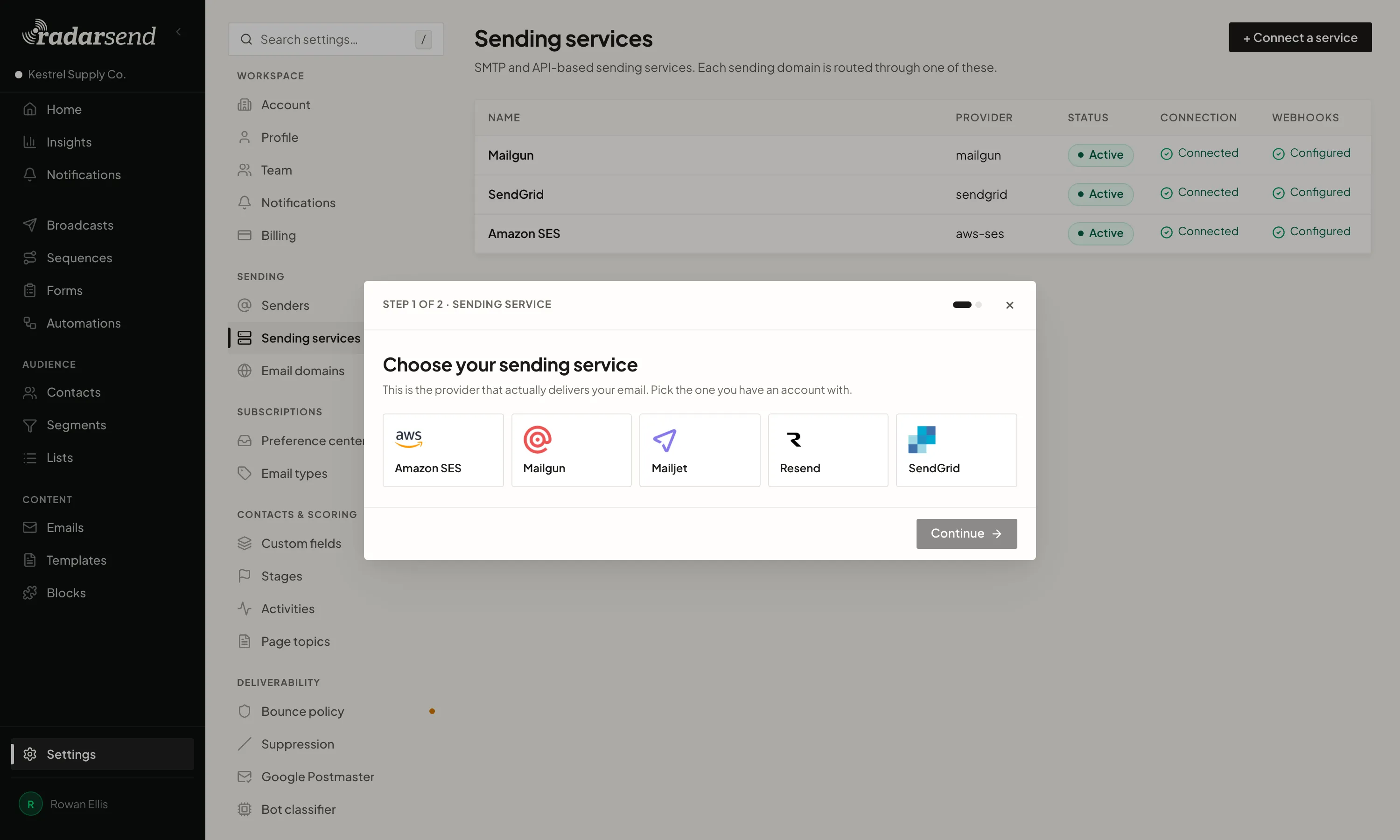Sending services in settings, with the connect dialog open to choose a sending service: Amazon SES, Mailgun, Mailjet, Resend, or SendGrid. Behind it, Mailgun, SendGrid and Amazon SES are listed as active, connected, and configured.