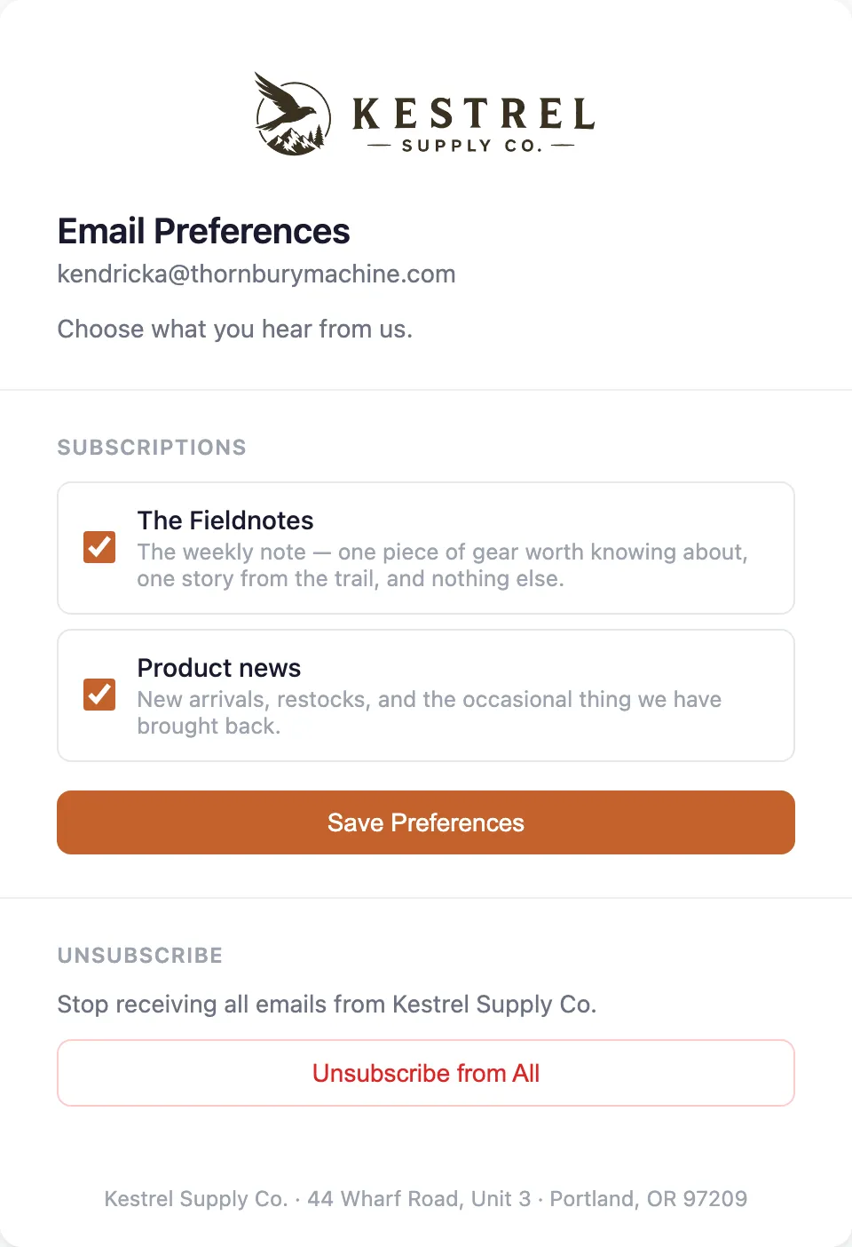 A Kestrel Supply Co. email preferences page with the company's logo and colors: The Fieldnotes and Product news subscriptions, each with a short description and a checkbox, a Save Preferences button, an Unsubscribe from All option, and the company's address at the bottom.
