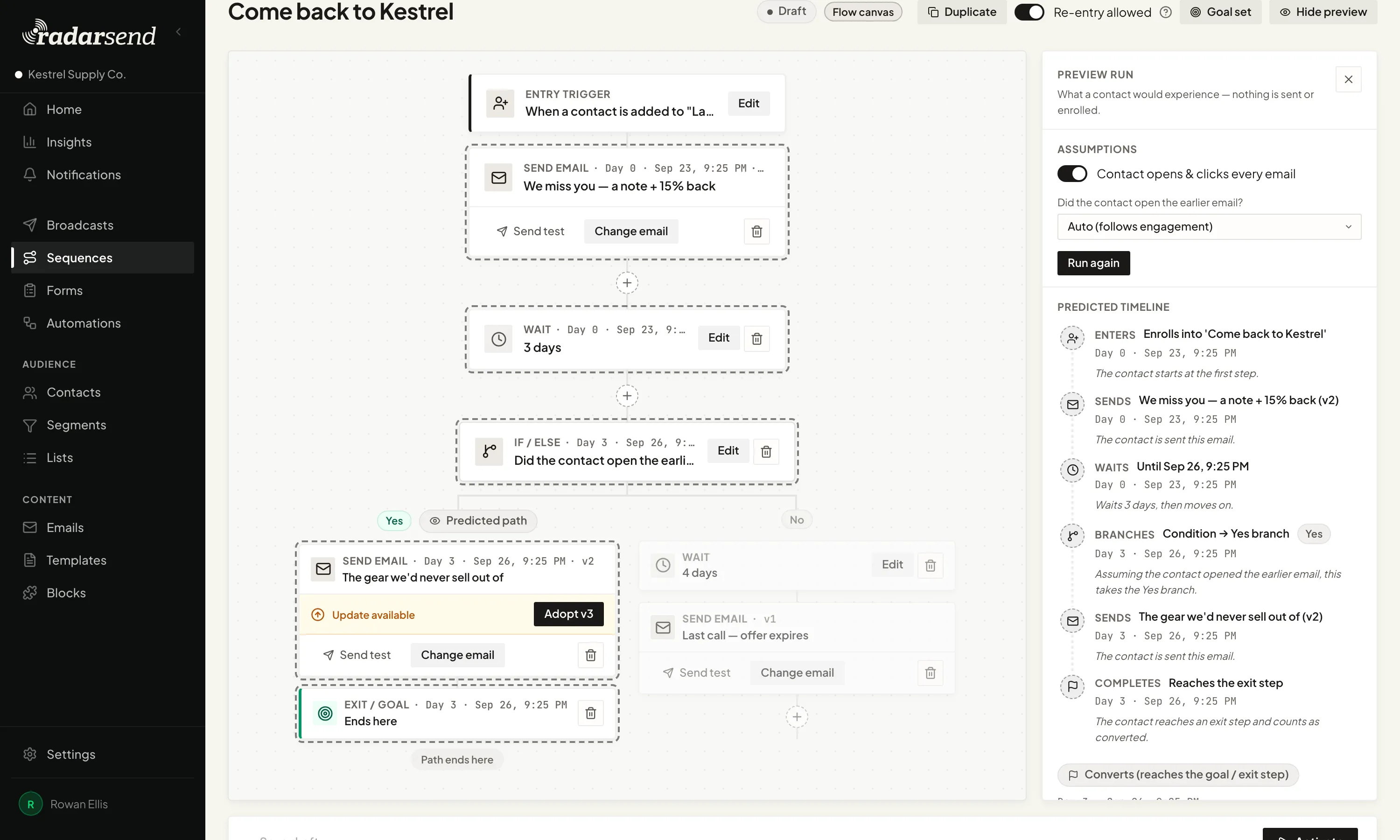 A sequence in preview: the canvas with the predicted route highlighted down the Yes path, beside a preview run panel with its assumptions and a predicted timeline of when the contact enters, gets each email, waits, branches, and completes.