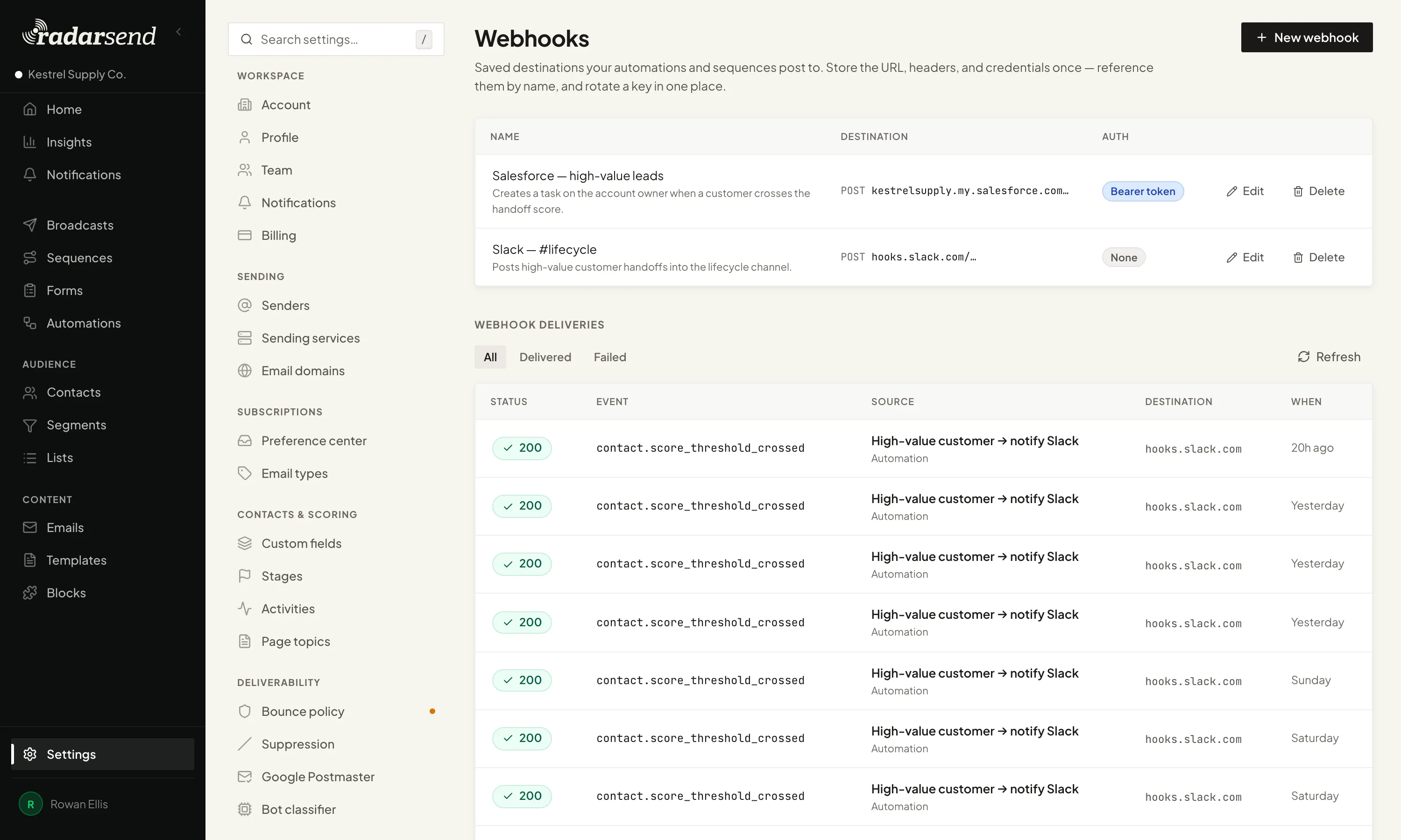 Webhook settings: saved destinations that automations and sequences post to, one creating a Salesforce task for high-value leads with a bearer token and one posting to a Slack channel, above a delivery log showing each delivery's status, event, source, destination, and when it was sent.