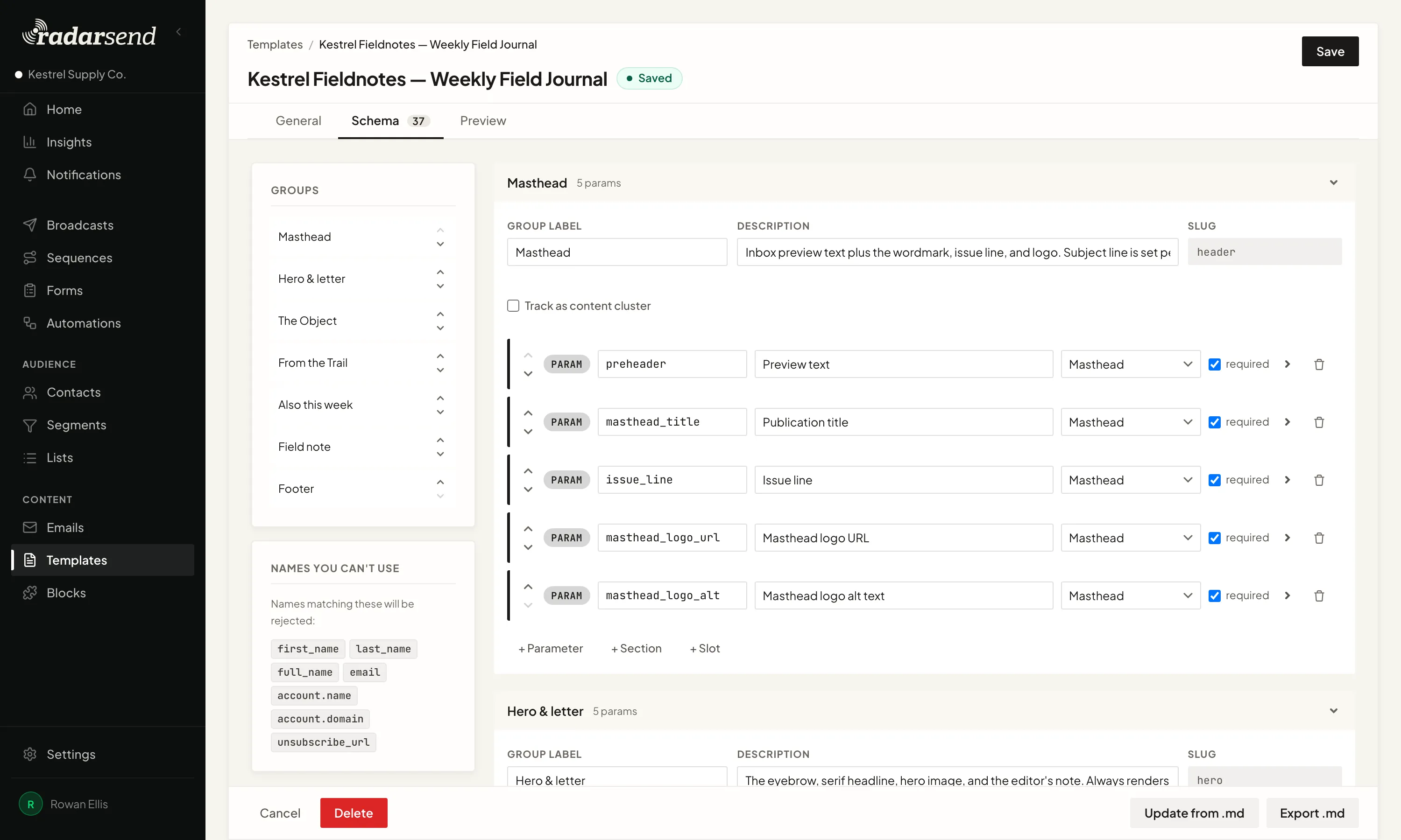 The Schema tab of the Kestrel Fieldnotes template: its groups listed on the left, and the Masthead group's parameters on the right, each with a name, a label, and whether it's required, with controls to add a parameter, a section, or a slot.
